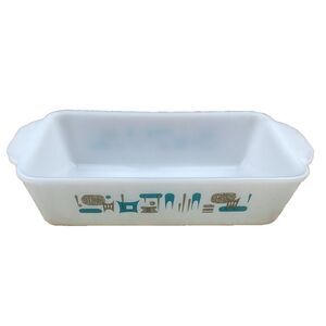 Vintage Fire‎ King BLUE HEAVEN Atomic Loaf Pan w/ Tab Handles MCM Anchor Hocking